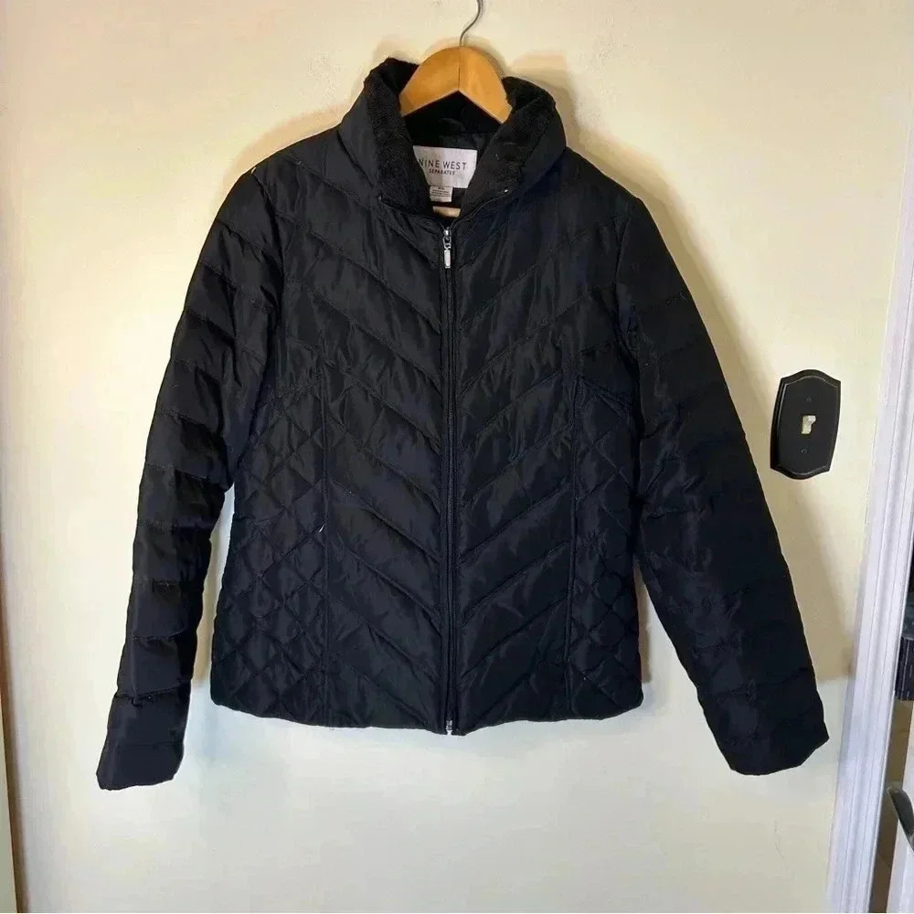 Nine West Full Zip Black Down Filled Puffer Coat